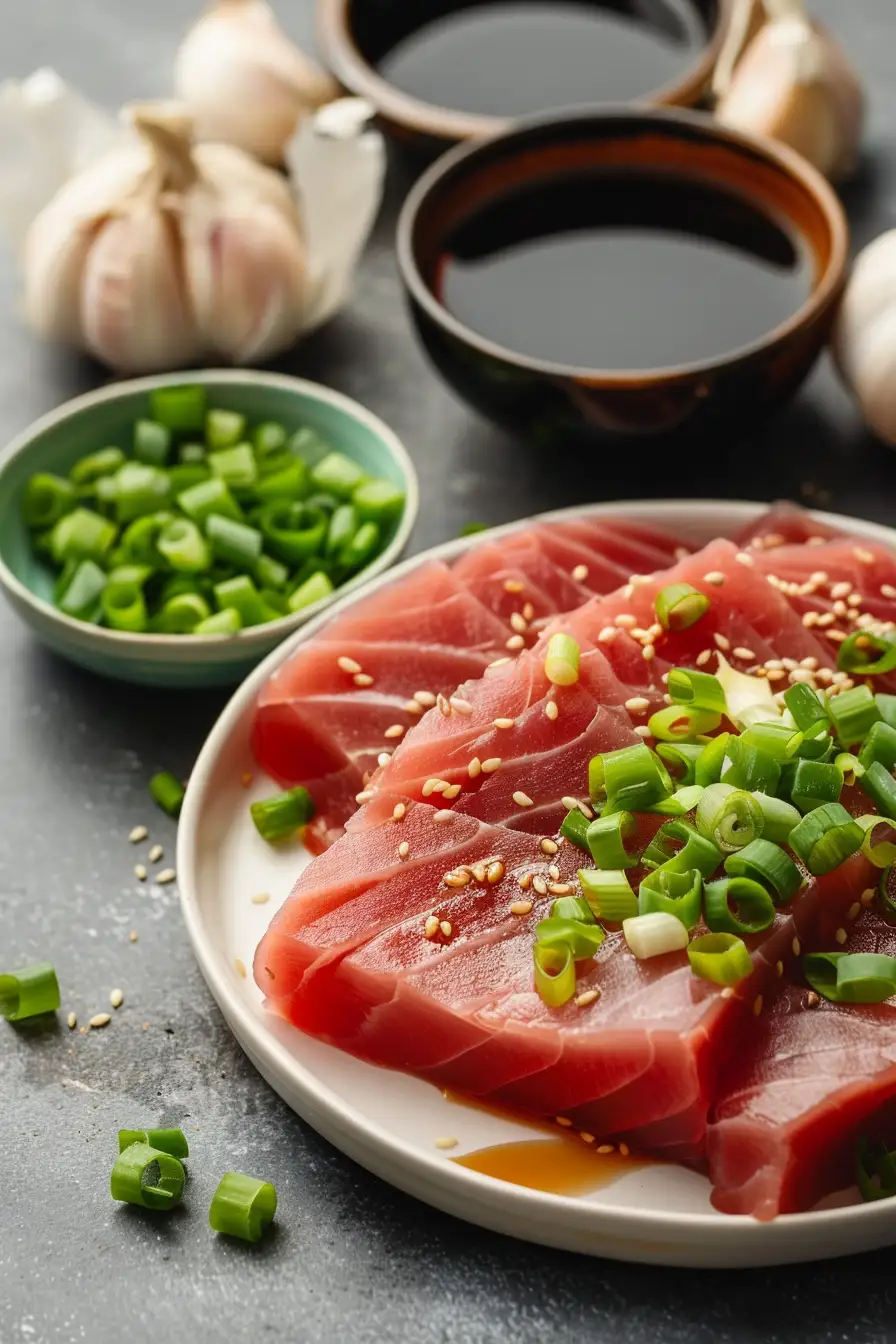Thon mariné à la sauce soja, gingembre et ail avec oignons verts