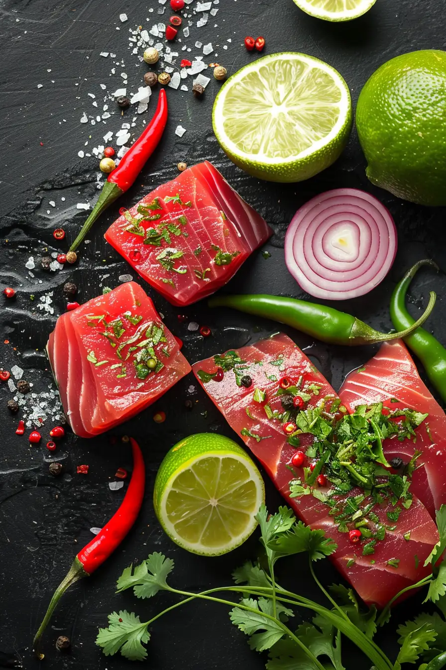 Délice de thon au citron vert, piment rouge et coriandre