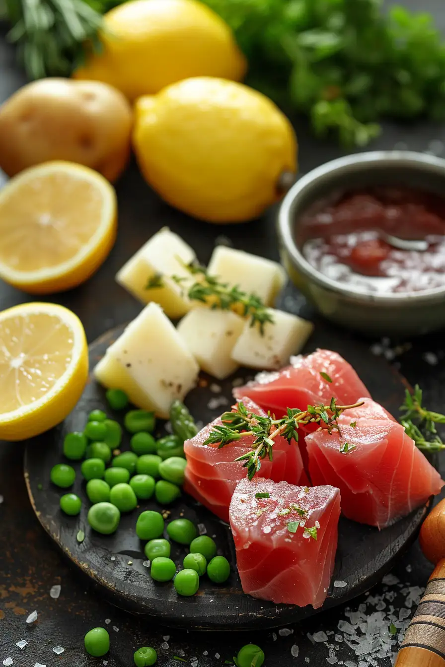 Délice de thon aux pommes de terre, petits pois et sauce tartare au citron