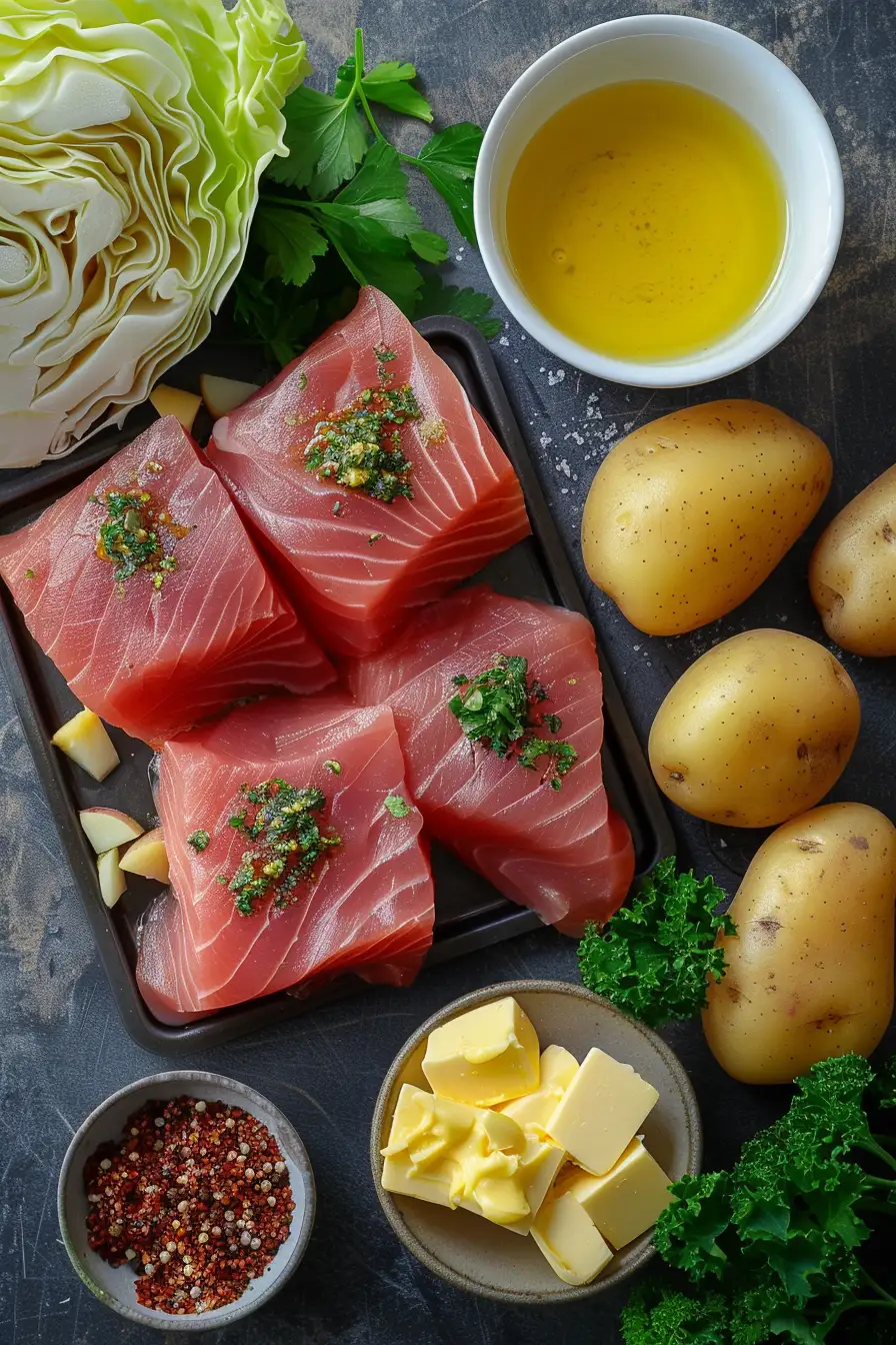Délice de thon aux pommes de terre et chou à la moutarde