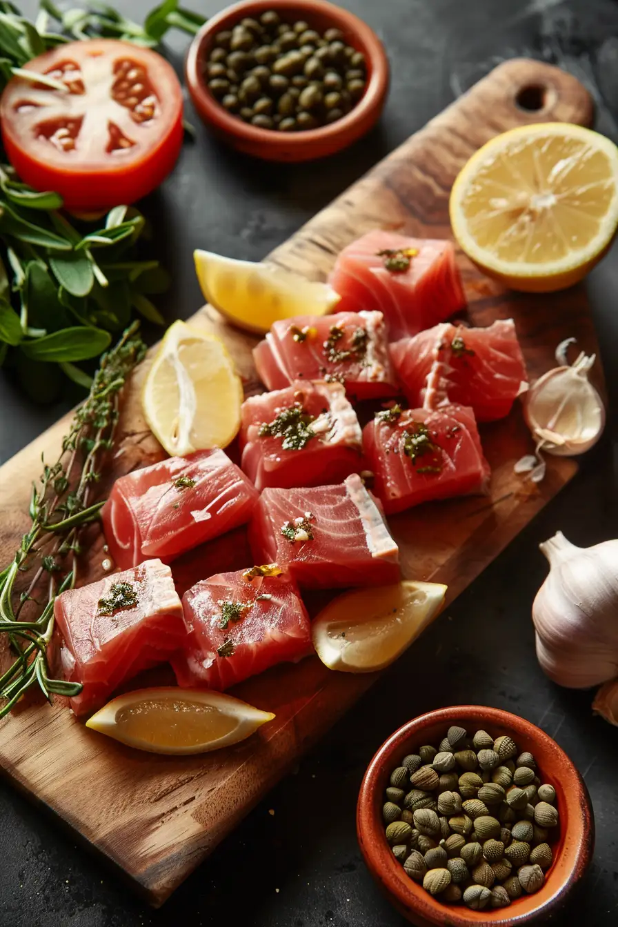 Délice de thon à la harissa, câpres et citron confit à l'ail