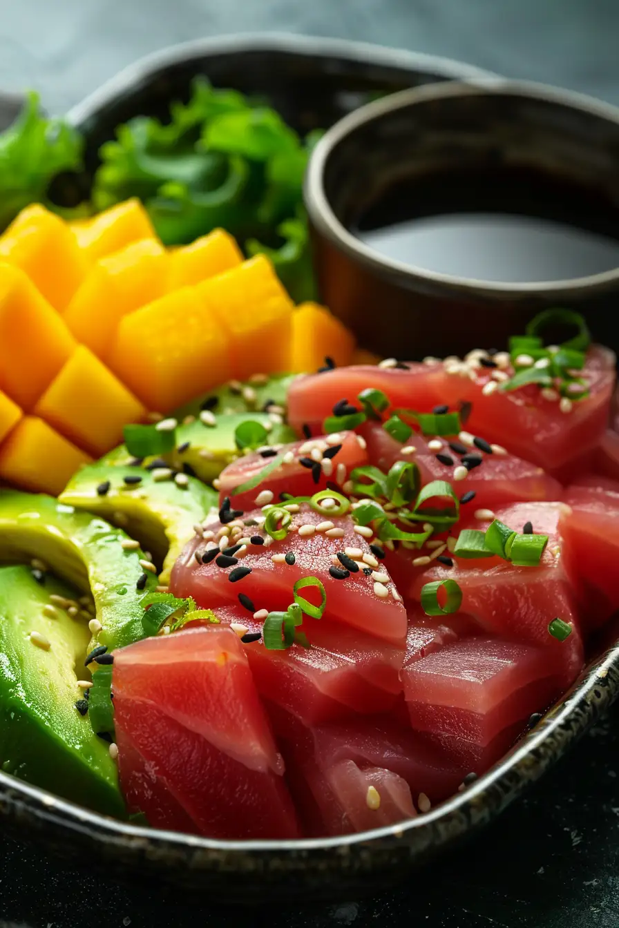 Délice de thon à la sauce soja, avocat et mangue aux graines de sésame