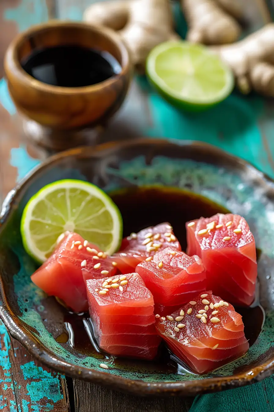 Thon mariné à la sauce soja, miel et gingembre avec une touche de citron vert