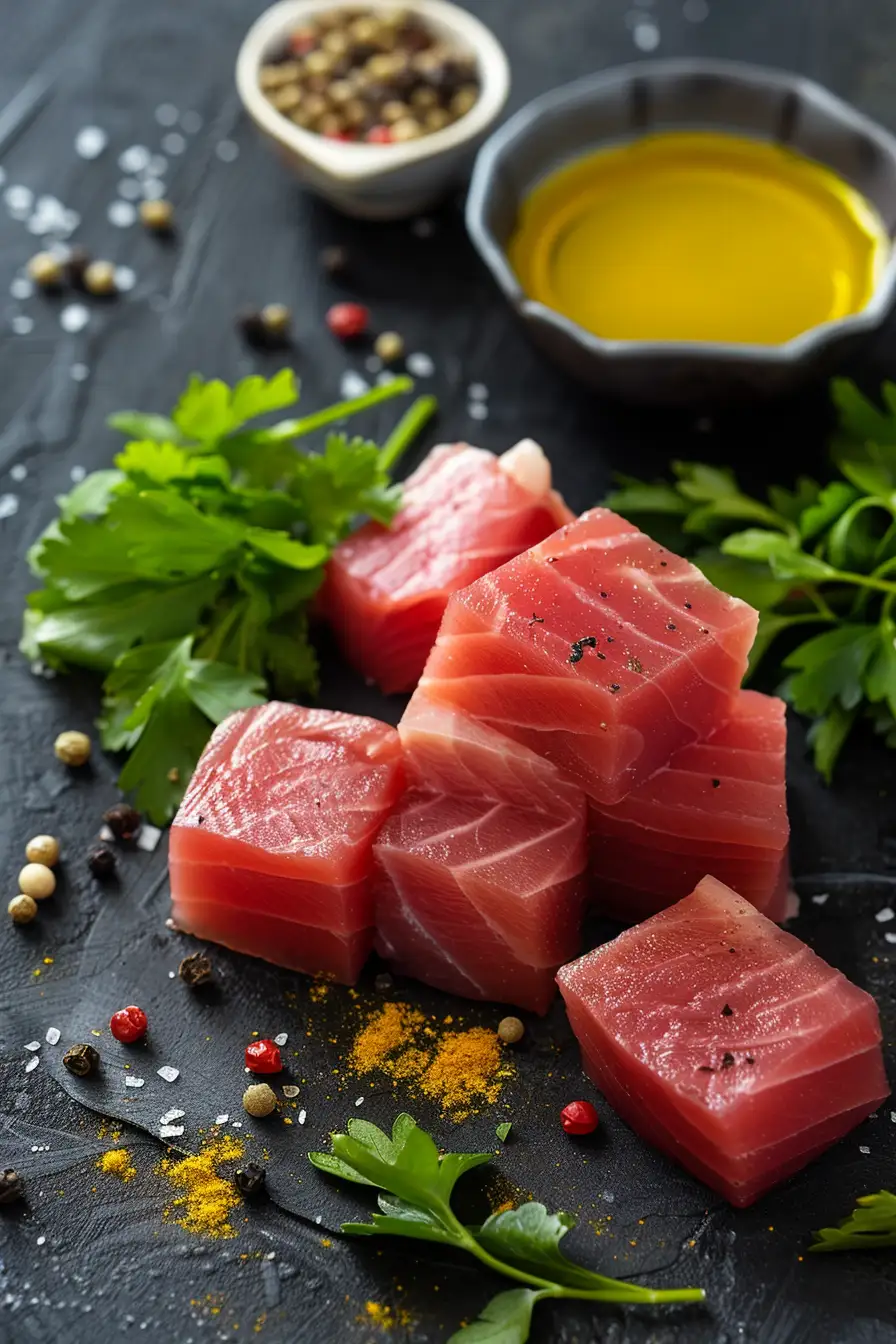 Délice de thon au curcuma et piment vert, parfumé à la coriandre et à l'huile de moutarde