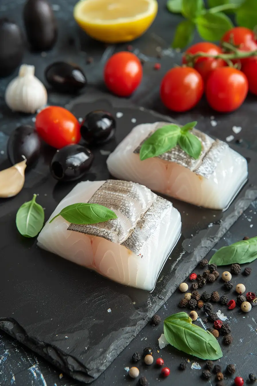 Délice de morue aux tomates cerises, olives noires et basilic