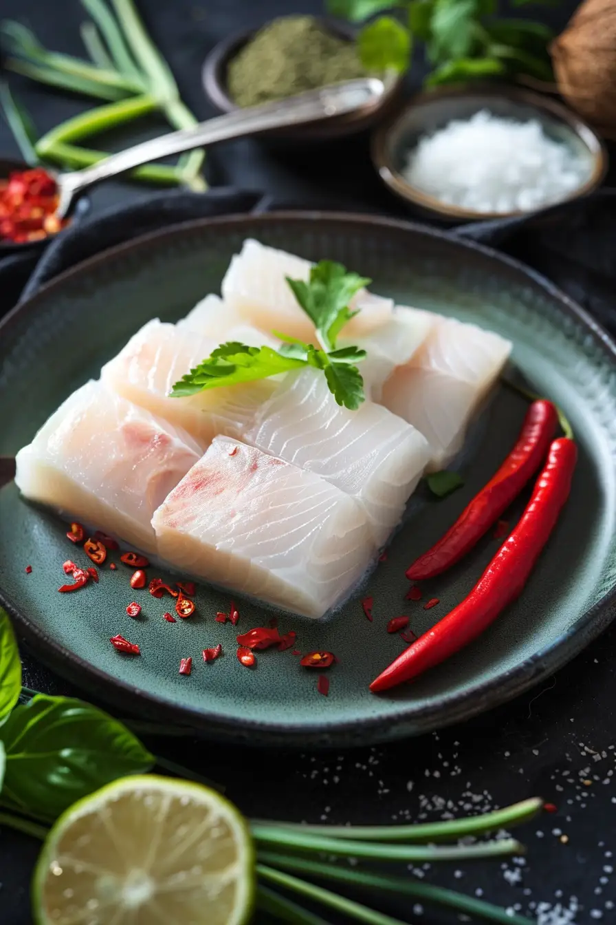 Délice de morue au lait de coco, citronnelle et piment rouge, parfumé à la coriandre