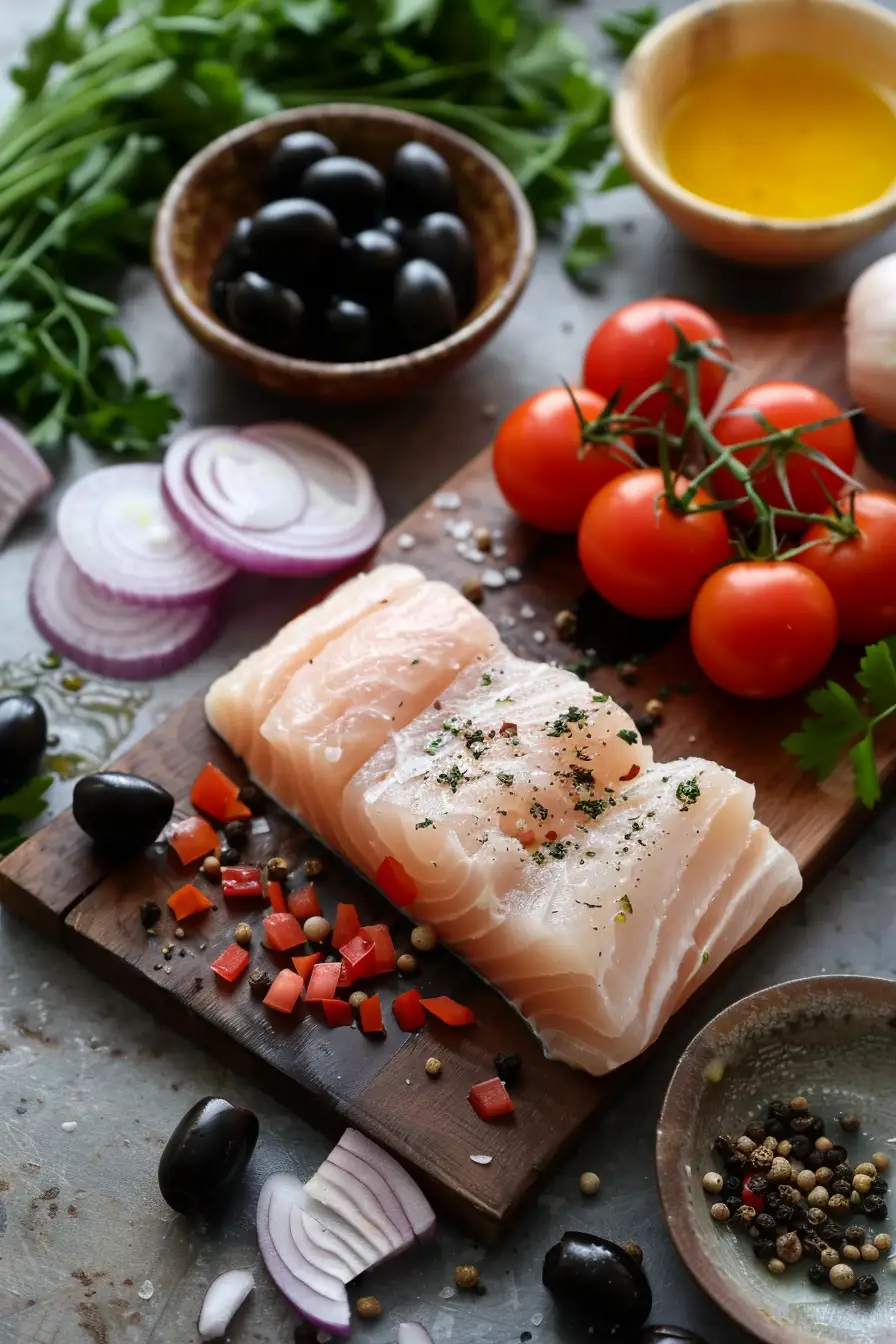 Délice de morue aux tomates, oignons et olives noires parfumé à la coriandre