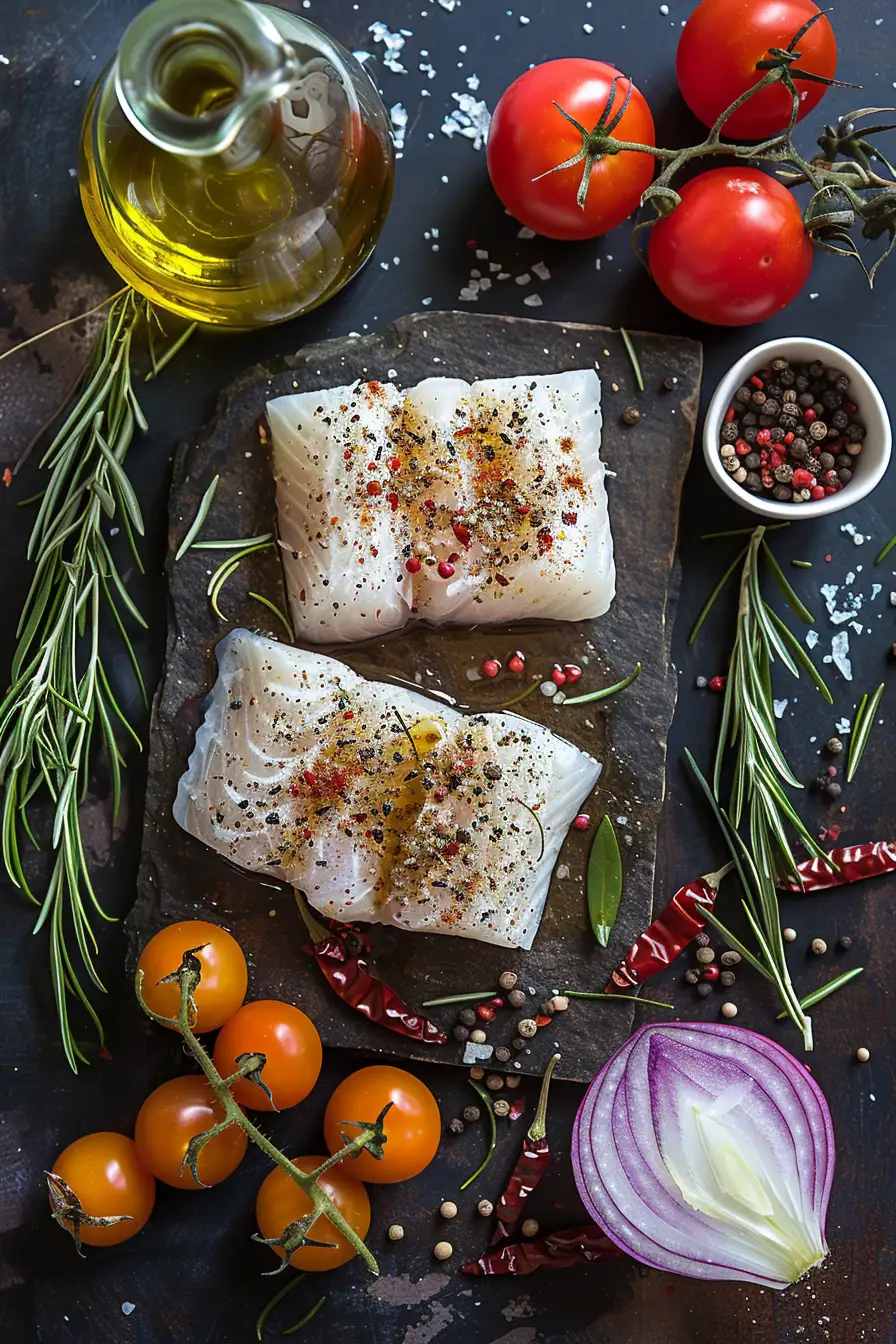 Délice de morue aux oignons et tomates épicées à l'huile d'olive