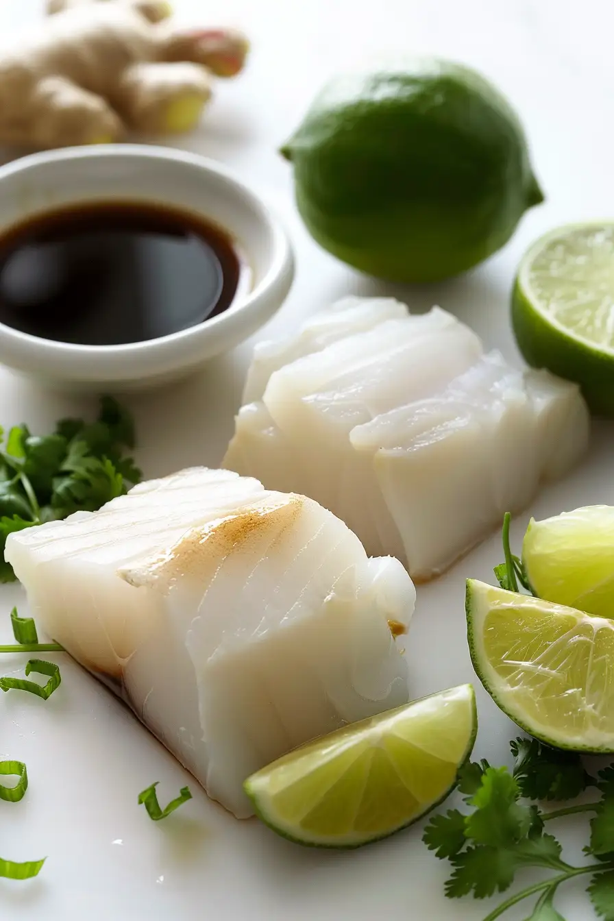 Morue à la sauce soja, gingembre frais et citron vert, parfumée à la coriandre