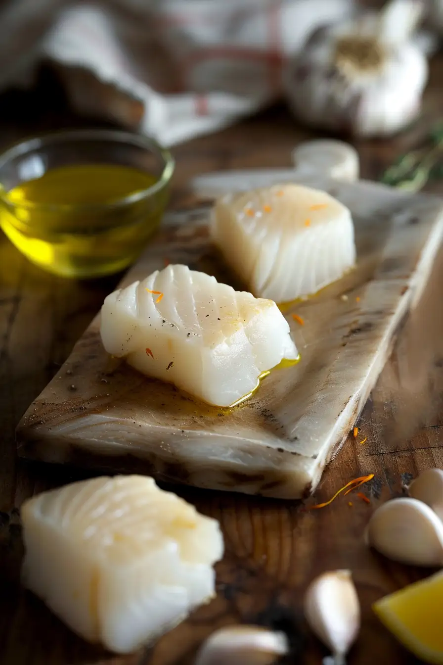 Délice de morue au safran et à l'ail, parfumé au jus de citron et huile d'olive