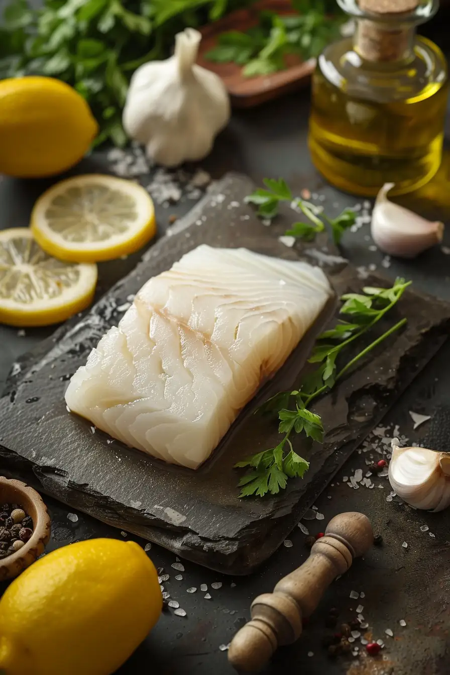 Délice de morue au citron et à l'ail, parfumé au persil et à l'huile d'olive