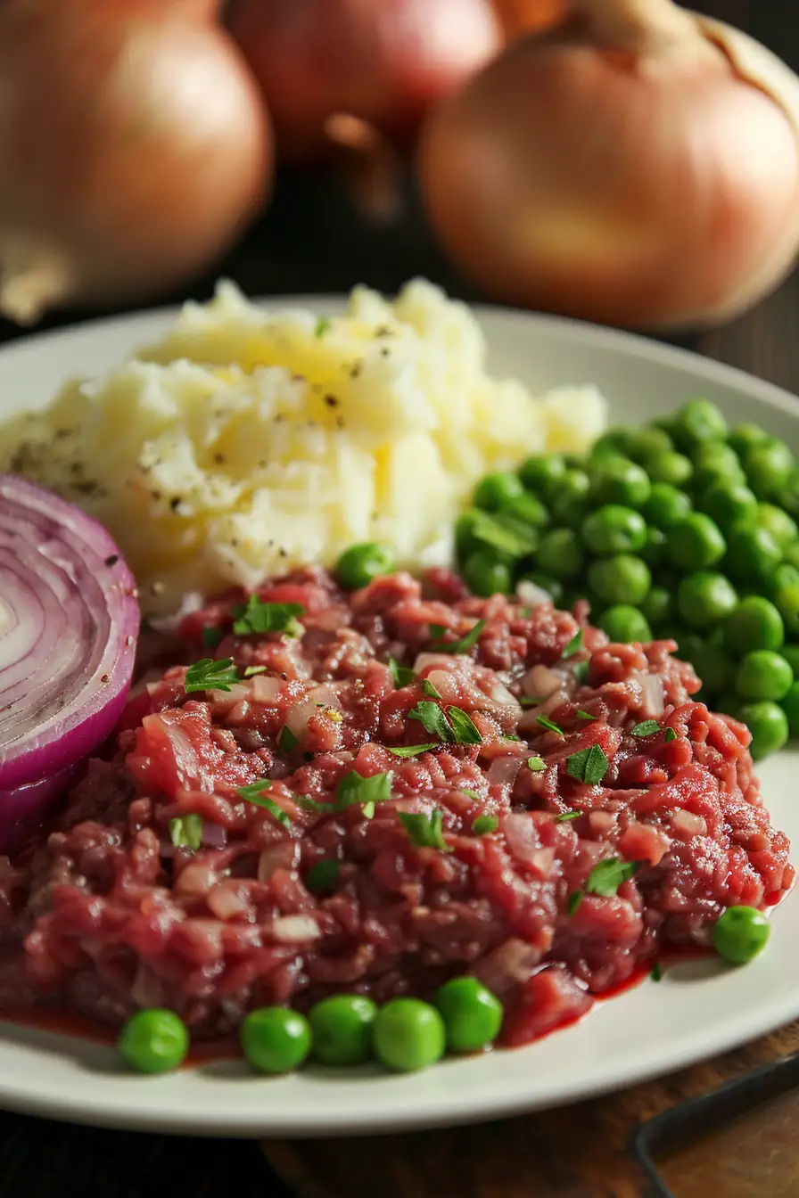 Boeuf haché savoureux sur lit de purée et petits pois croquants