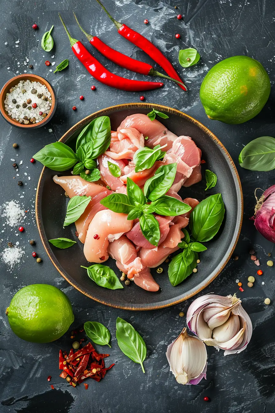 Poulet exotique au lait de coco et curry rouge, parfumé au basilic thaï et citron vert