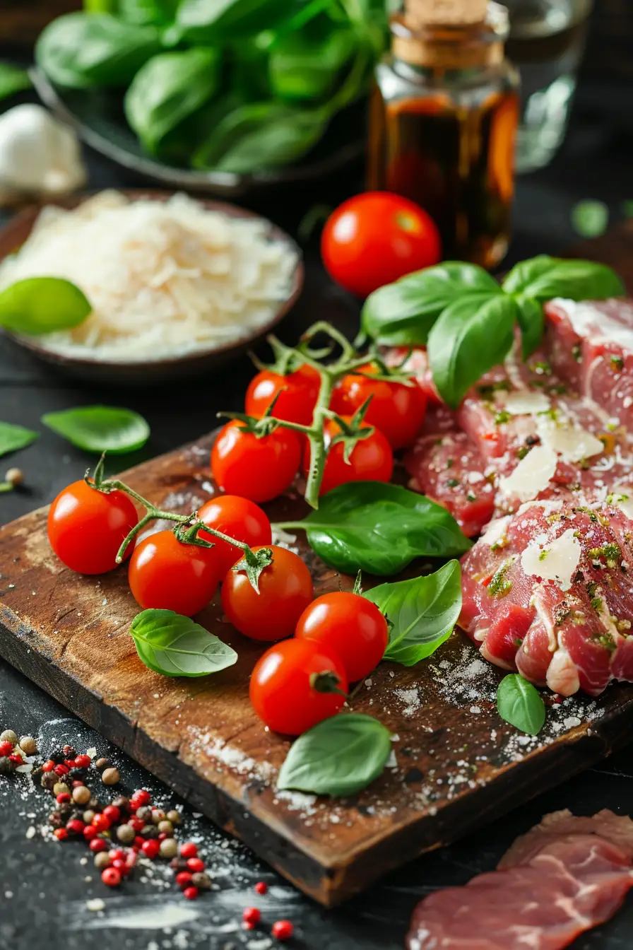 Porc savoureux aux tomates cerises et basilic frais