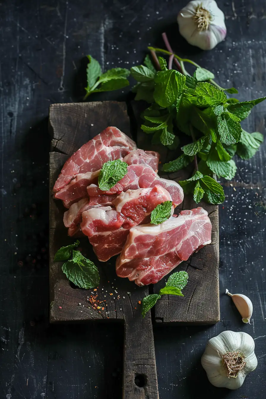 Porc mariné au yaourt et aux épices, parfumé à la menthe fraîche